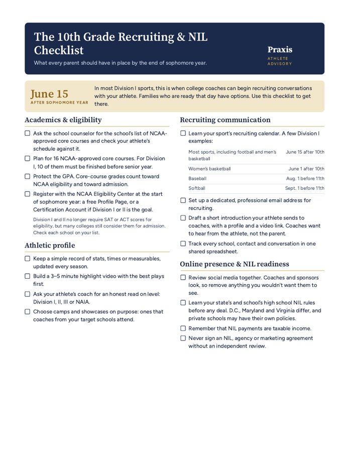 First page of the 10th Grade Recruiting and NIL Checklist